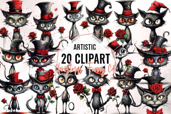 Artistic Christmas Cat Sublimation Illustrations