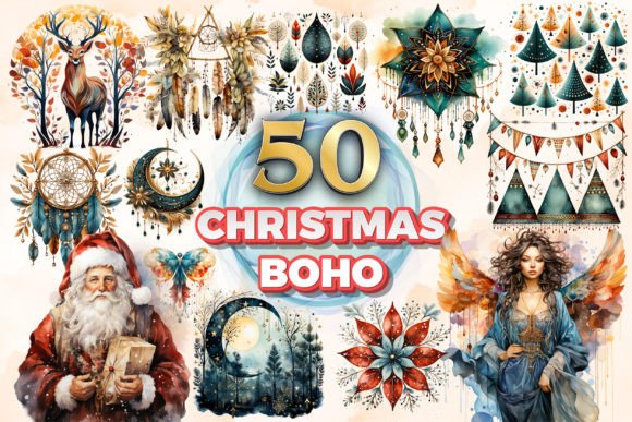Christmas Boho Clipart Sublimation 10: Illustrations