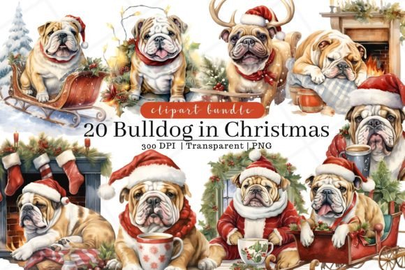 Christmas Bulldog Watercolor Clipart for Illustrations