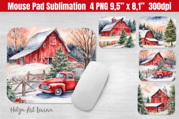 Christmas Mouse Pad Watercolor Barn Illustrations