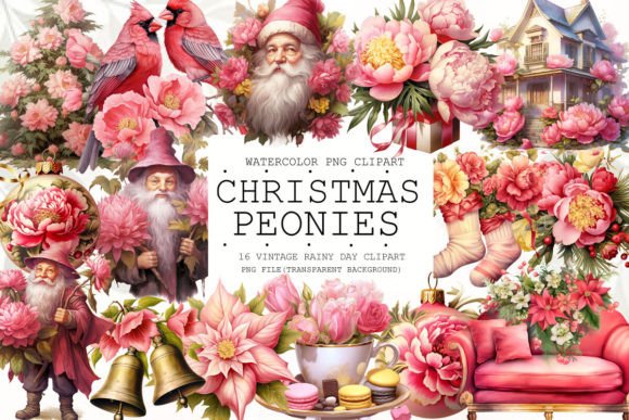 Christmas Peonies Ornament Clipart for Illustrations