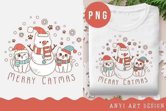 Christmas Snowman Cat Sublimation PNG: Illustrations