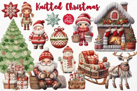 Knitted Christmas Watercolor Clipart Illustrations