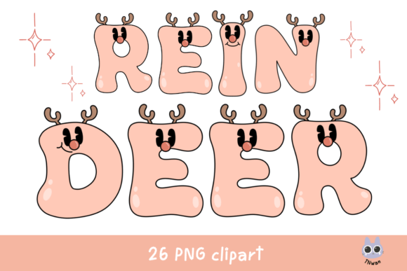 Pink Christmas Alphabet Reindeer Retro Illustrations