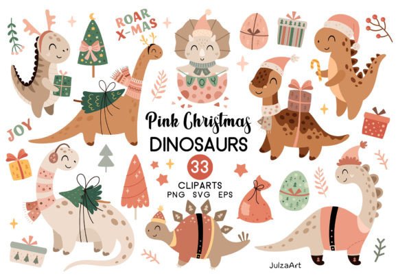 Pink Christmas Dino Illustrations