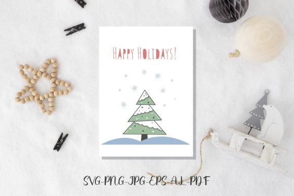 Reviewing Happy Holidays Card with Christmas Tree Illustrations