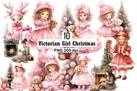 Victorian Christmas Girls Png: Branding Illustrations