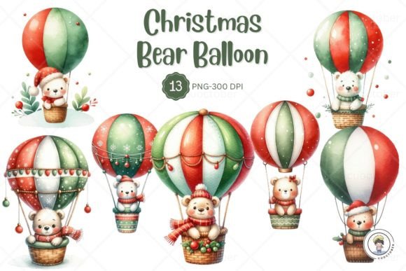Watercolor Christmas Cute Bear Balloon Illustrations